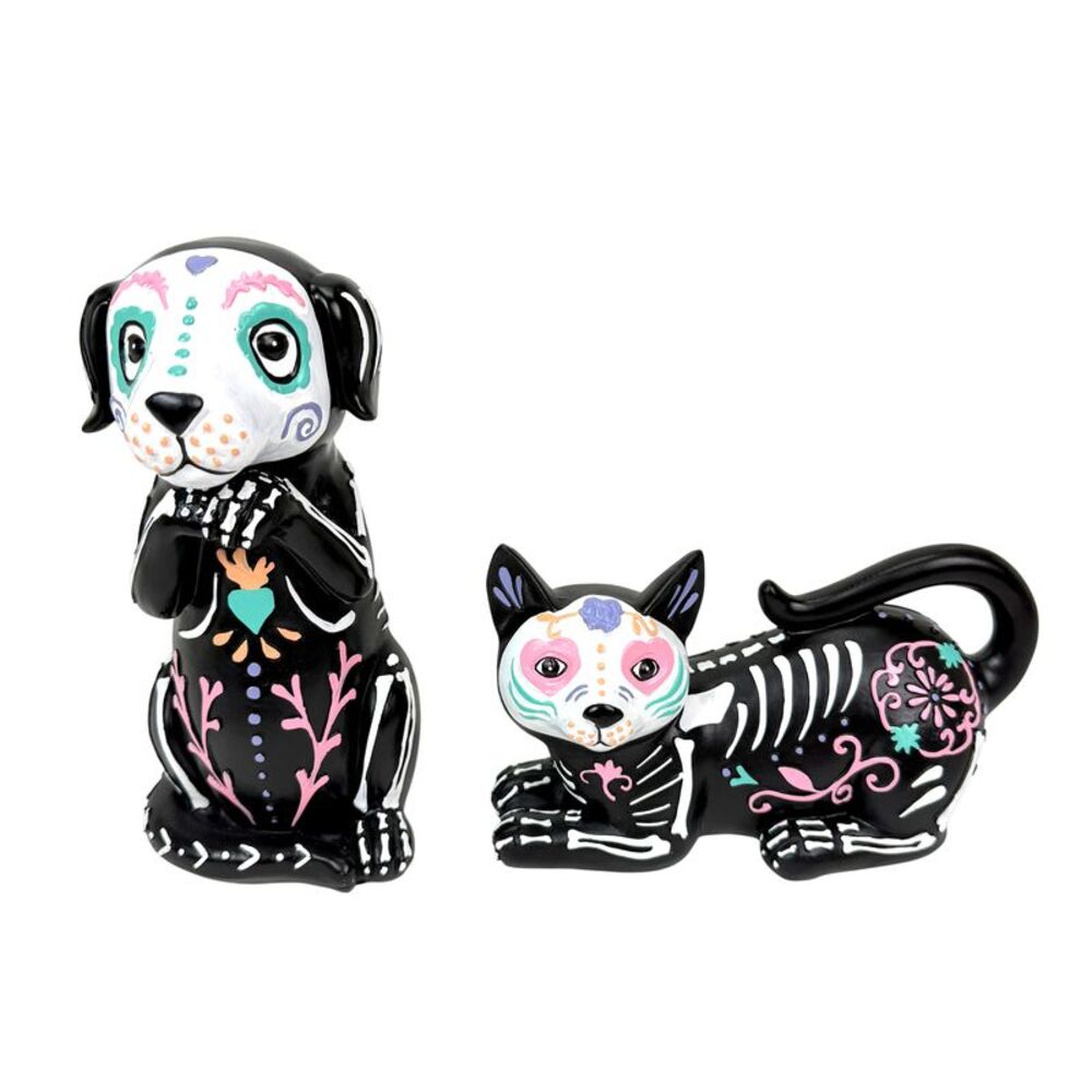 Day of the Dead Cat and Dog Figurine Set 2 Glossy Resin Skeleton Statues